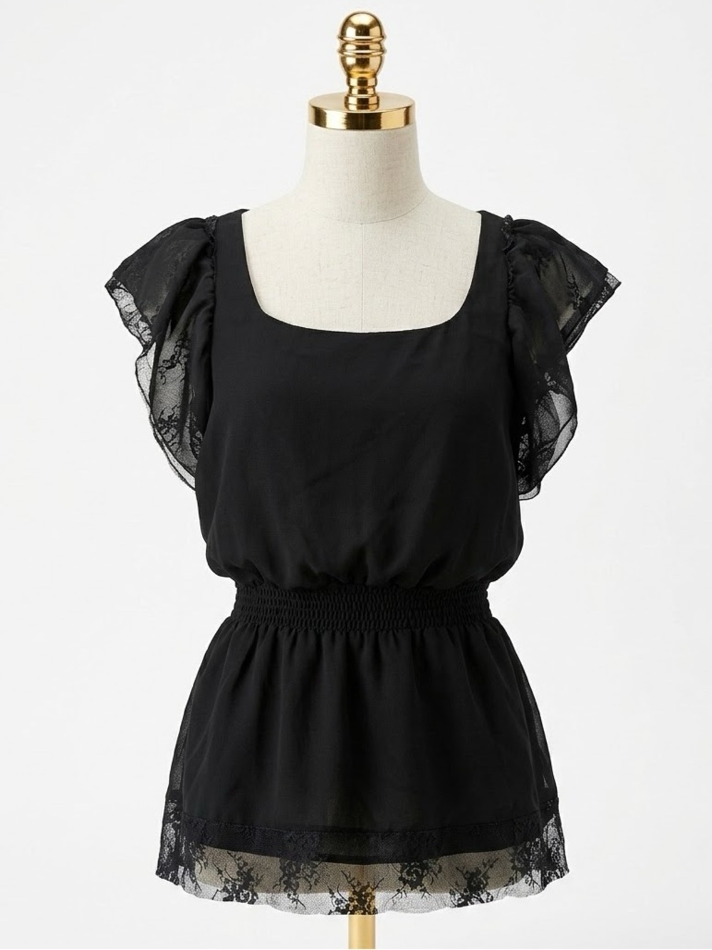 Nicolette Black Lace Flutter Sleeve Smocked Peplum Blouse Boho Whimsigoth Size M